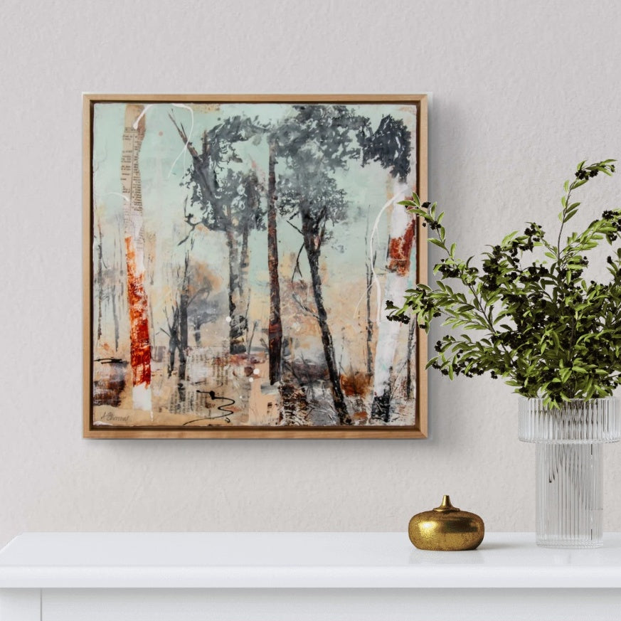 Abstract forest painting with earthy and muted tones.