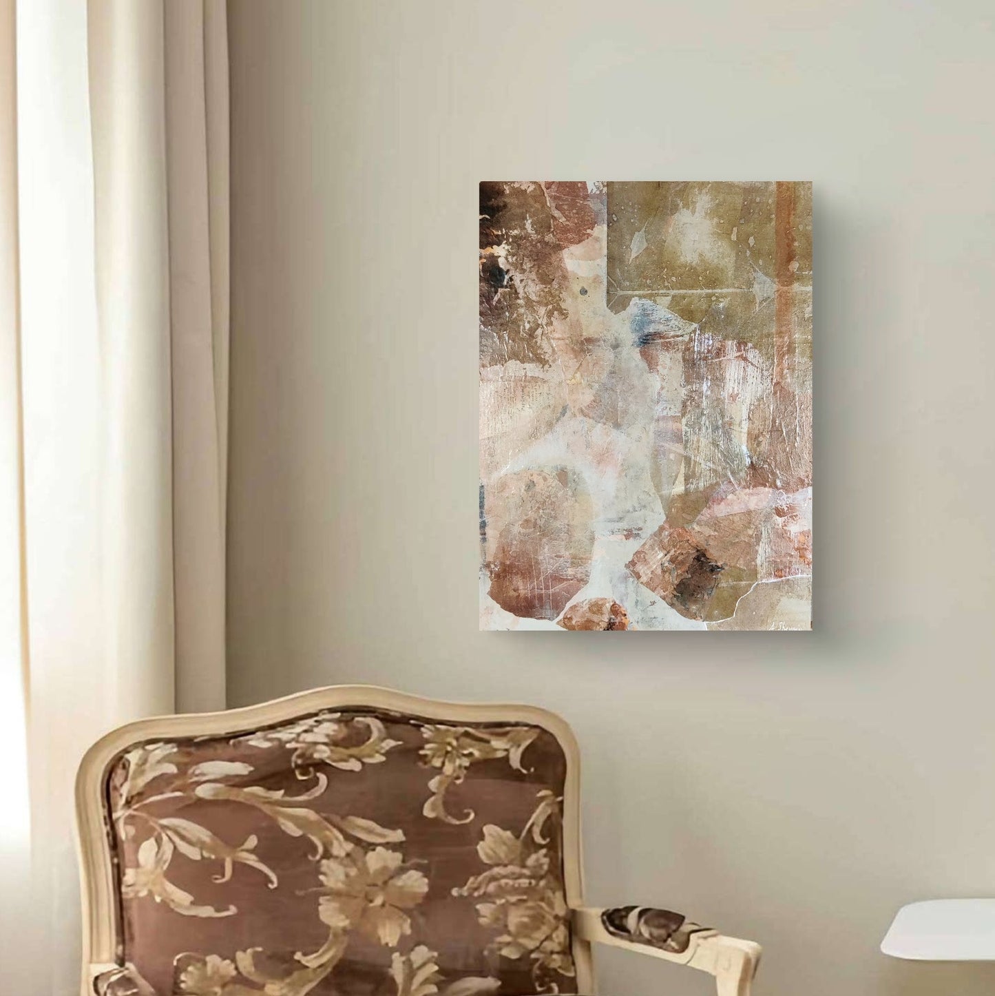 Abstract painting Breaking Light above a bed, with warm earthy tones and glowing light for a serene feel.