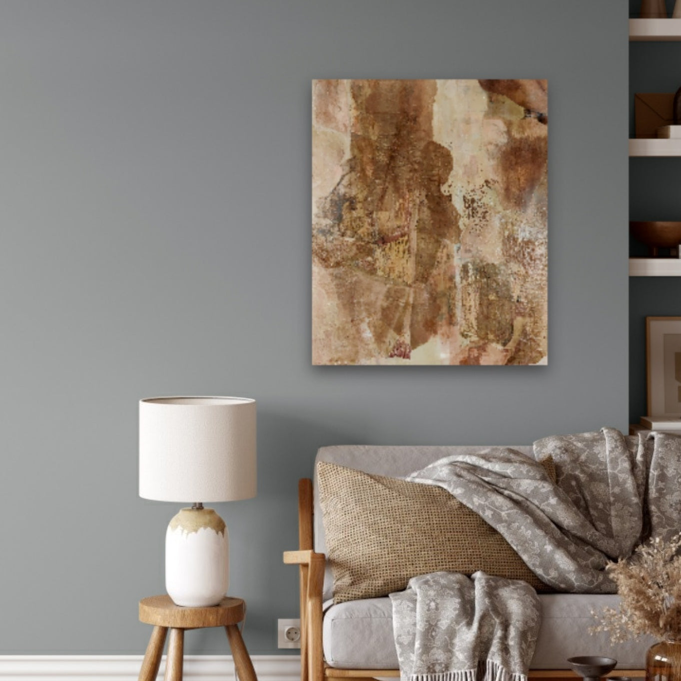 Abstract mixed-media painting with warm, earthy tones and organic textures, bringing a sense of natural warmth and depth to a cozy home.