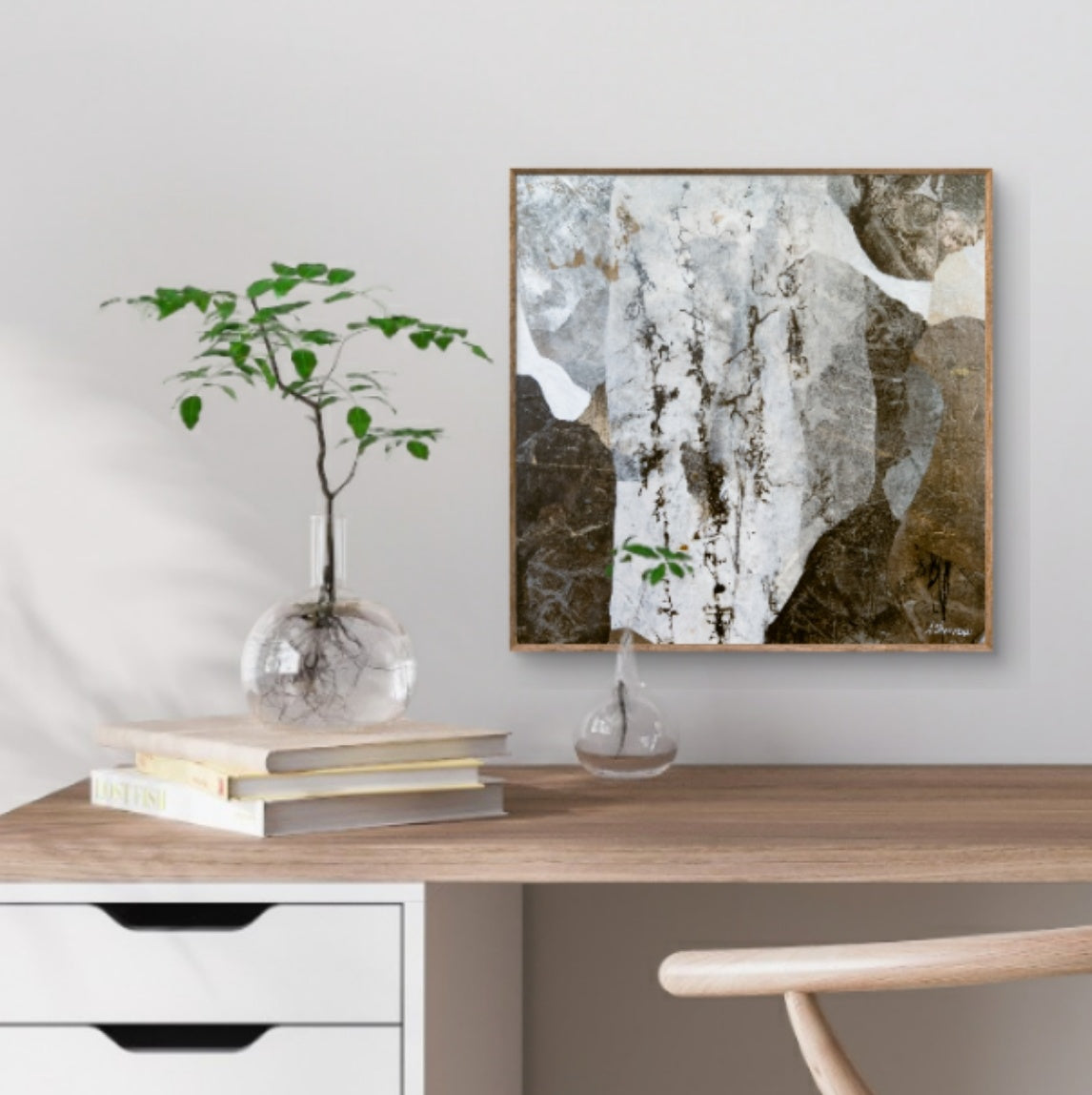 Layered abstract art Snow Predicted by Alison Sherrow, showcasing a snowy landscape with earthy tones and crisp whites.