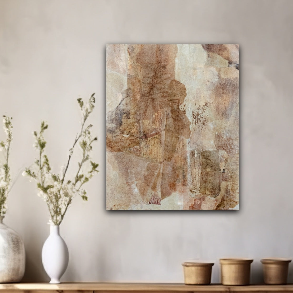 Abstract mixed media painting with earthy tones and organic textures, evoking nature’s weathered beauty.