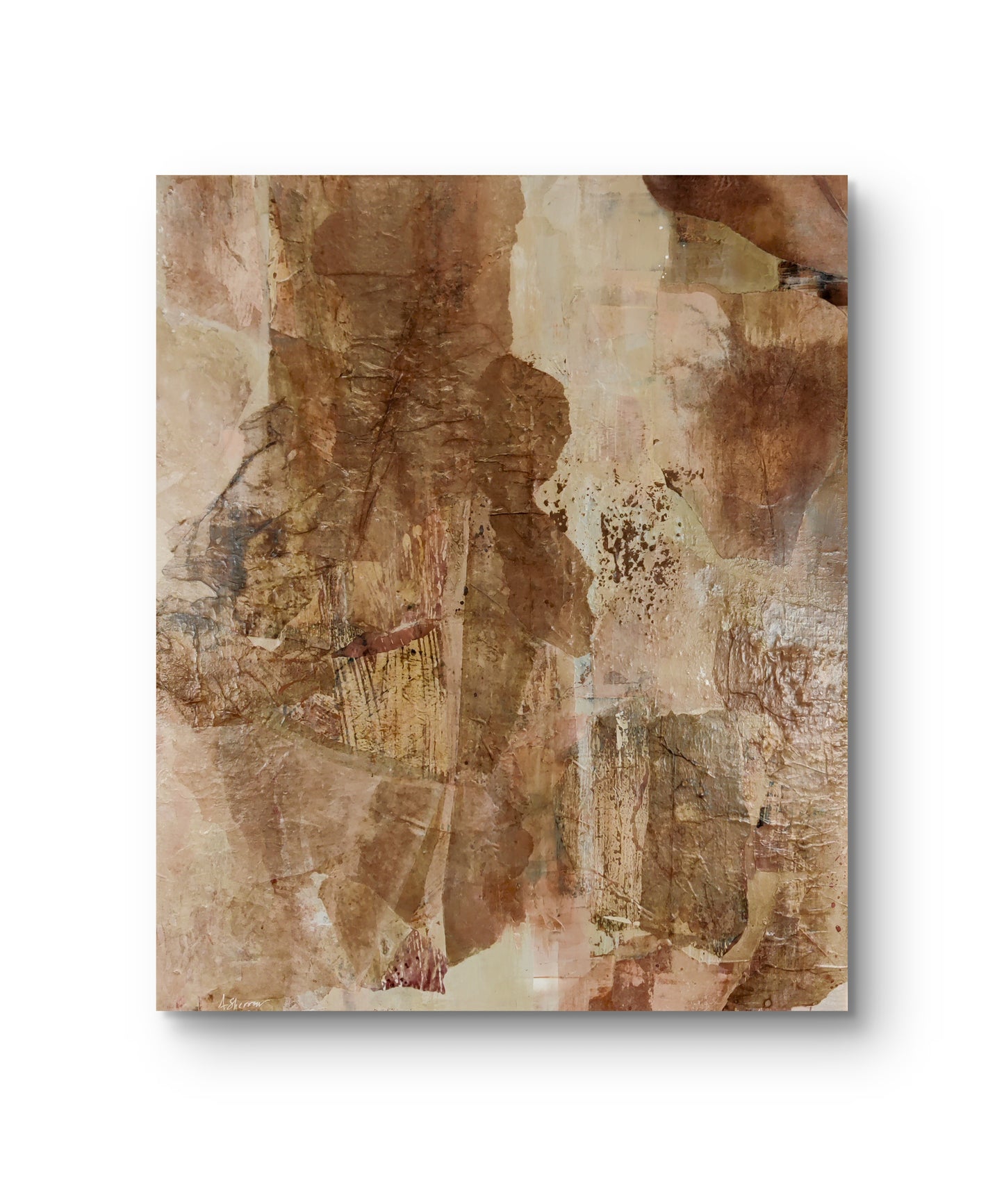 Abstract mixed-media painting with layered earthy tones and organic textures, evoking the depth and movement of a wild forest.