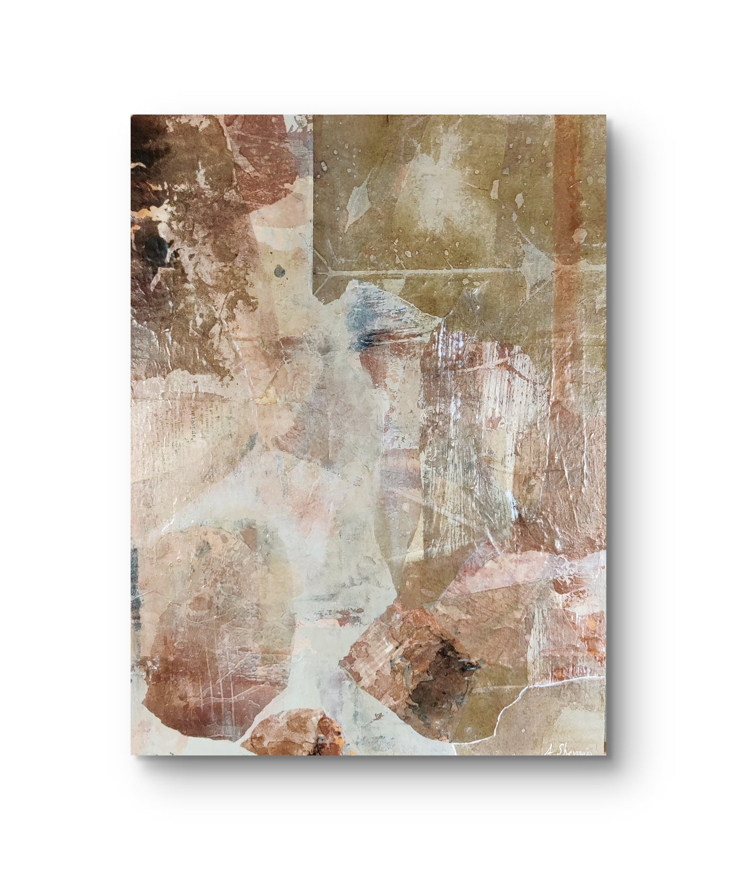 Abstract painting Breaking Light with warm earthy tones and glowing highlights, evoking sunlight filtering through trees.