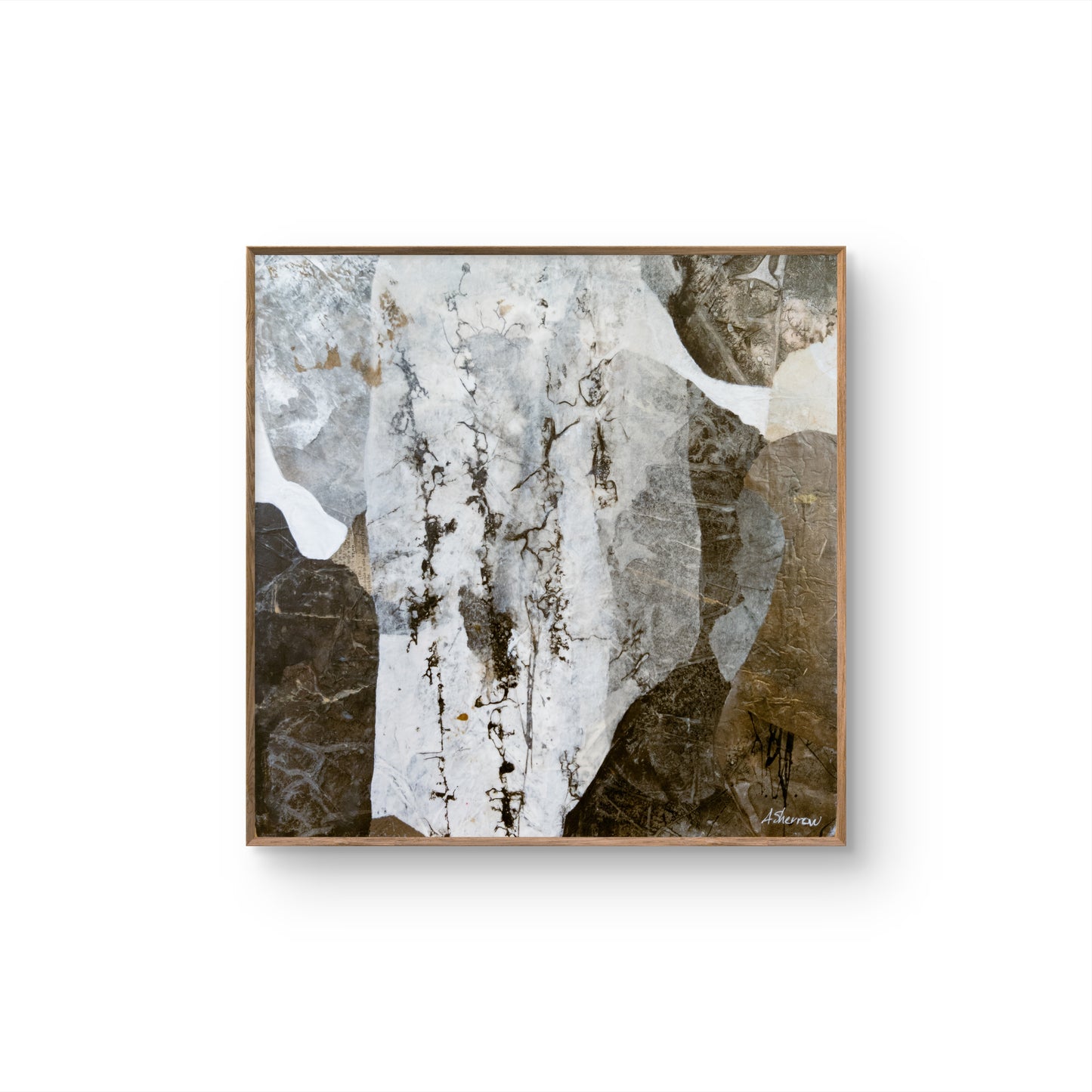 Mixed media painting titled Snow Predicted by Alison Sherrow, featuring abstract textures and snow-inspired tones.