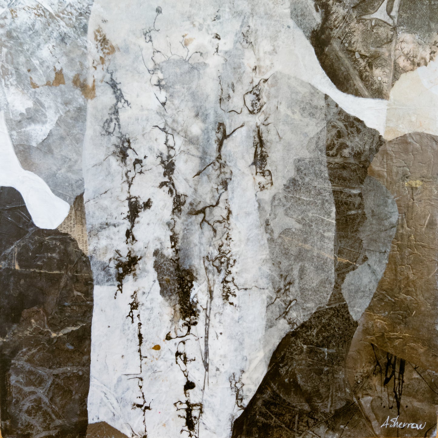 Close-up of Snow Predicted, a mixed media painting with textured layers representing the stillness of snow-covered nature.