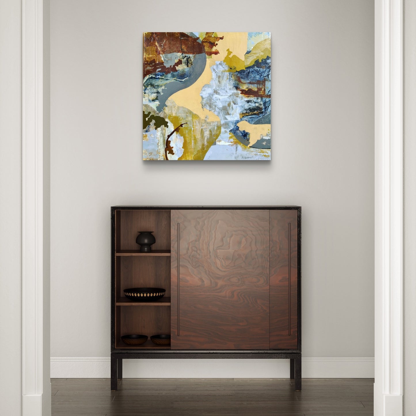 Fluid abstract painting, 'Cascade,' inspired by rushing water, blending deep blues and golds to represent nature's contrasting forces of motion and calm.