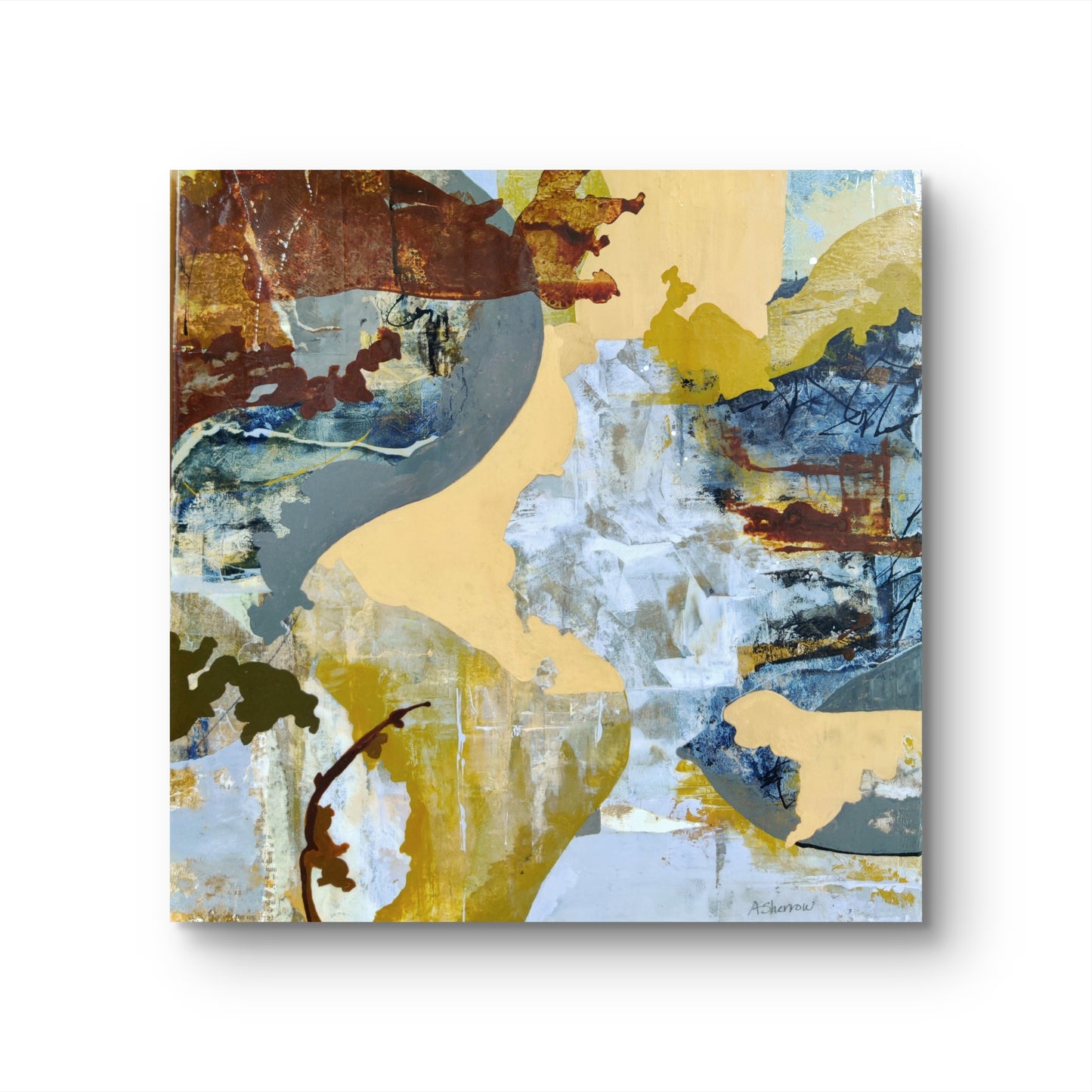 Abstract painting titled 'Cascade,' featuring deep blues and warm golds that symbolize the energy and fluidity of rushing water.