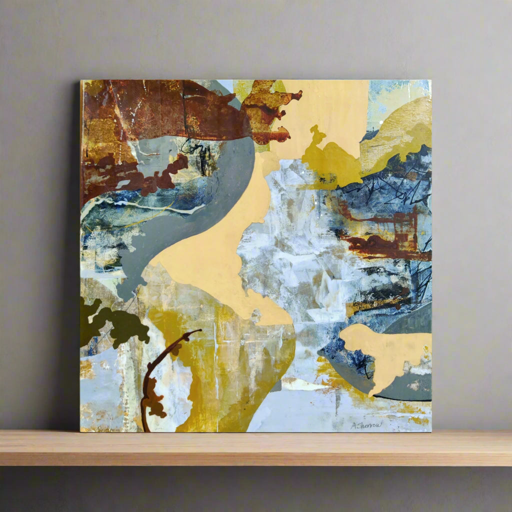 Abstract painting titled 'Cascade,' featuring deep blues and warm golds that symbolize the energy and fluidity of rushing water.