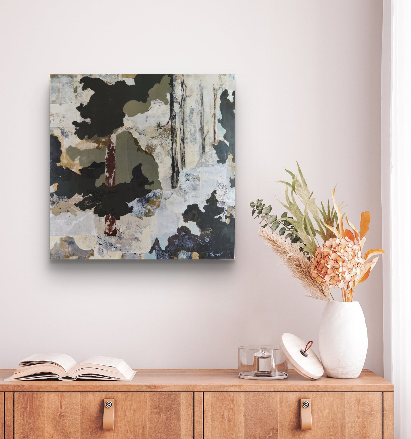 Peaceful abstract piece with a gentle color palette, capturing the essence of embracing the present moment and the subtle movement just below the calm exterior.
