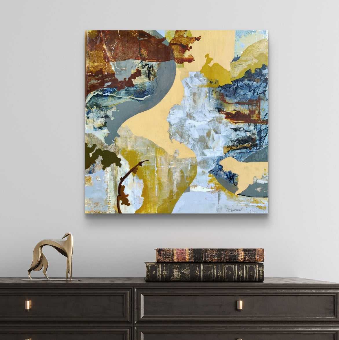 'Cascade' painting with vibrant blues and golds, reflecting the dynamic energy and peaceful stillness of water carving its path through nature.