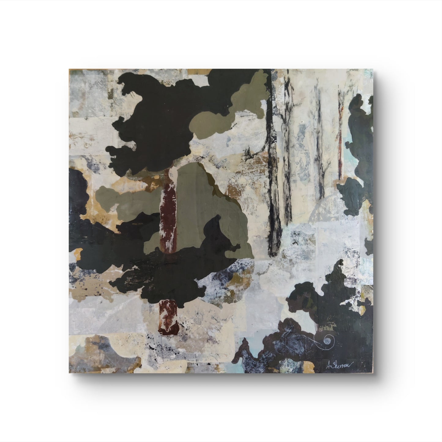 Abstract landscape artwork in soft, muted tones with bold contrasts, conveying stillness, presence, and a sense of calm, while hinting at movement beneath the surface.