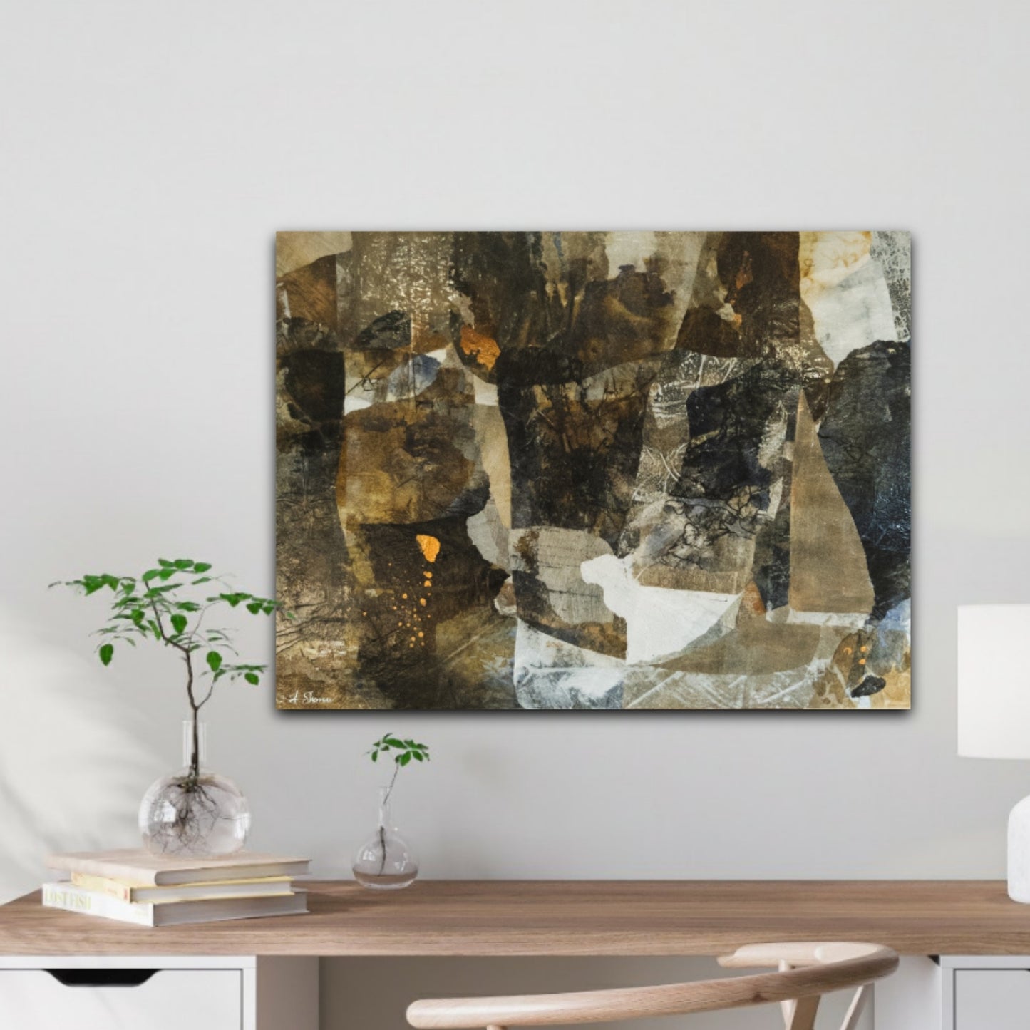 Layered textures and organic shapes create a soothing abstract composition, reflecting the quiet shift of the seasons.