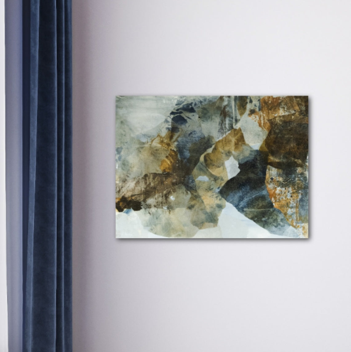 Abstract mixed media painting with warm browns, soft grays, rust, and deep blues, evoking a mountainous landscape with tree-lined hillsides.