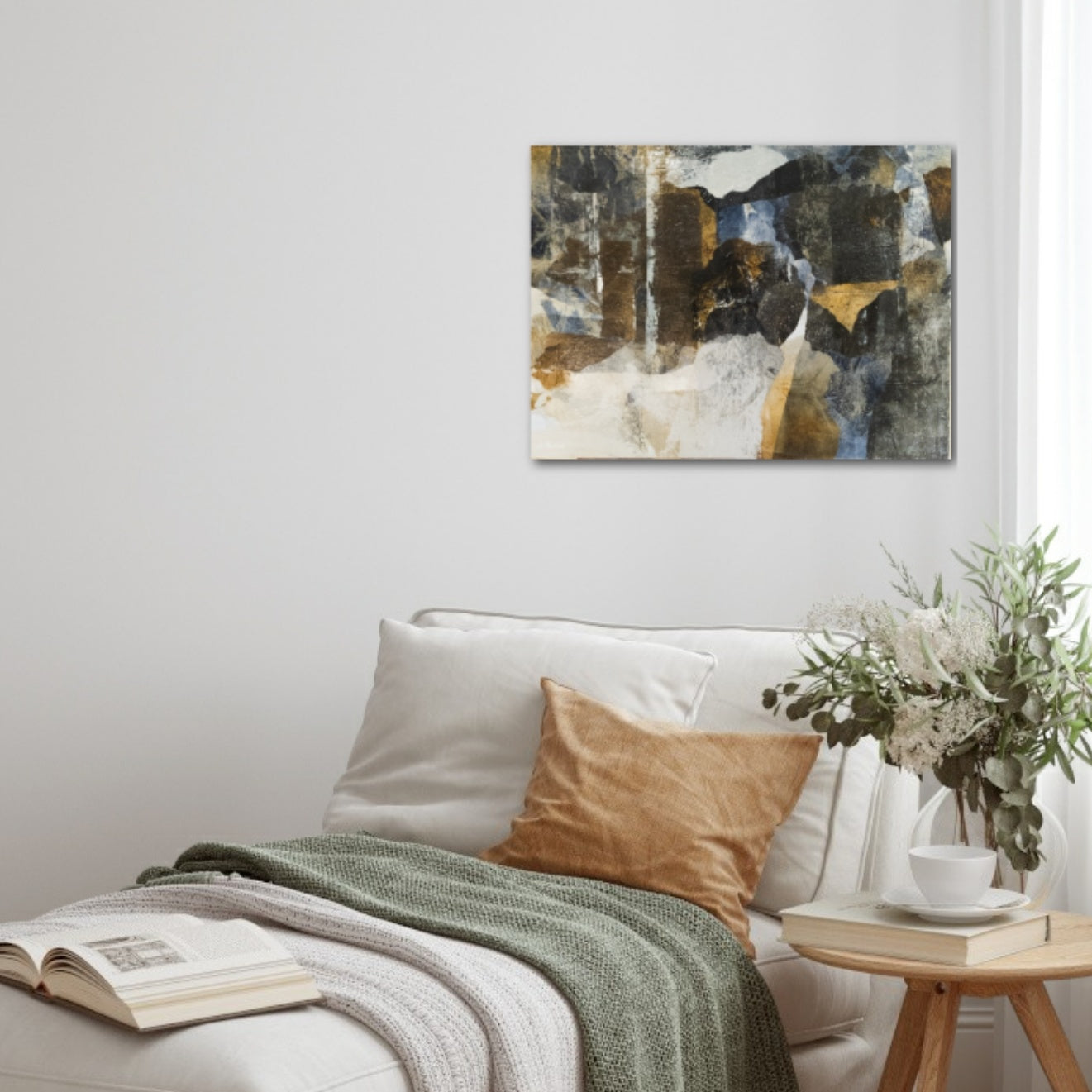 Abstract mixed media painting with deep blues, soft whites, and warm golds, evoking the refreshing energy of a crisp, cool day.