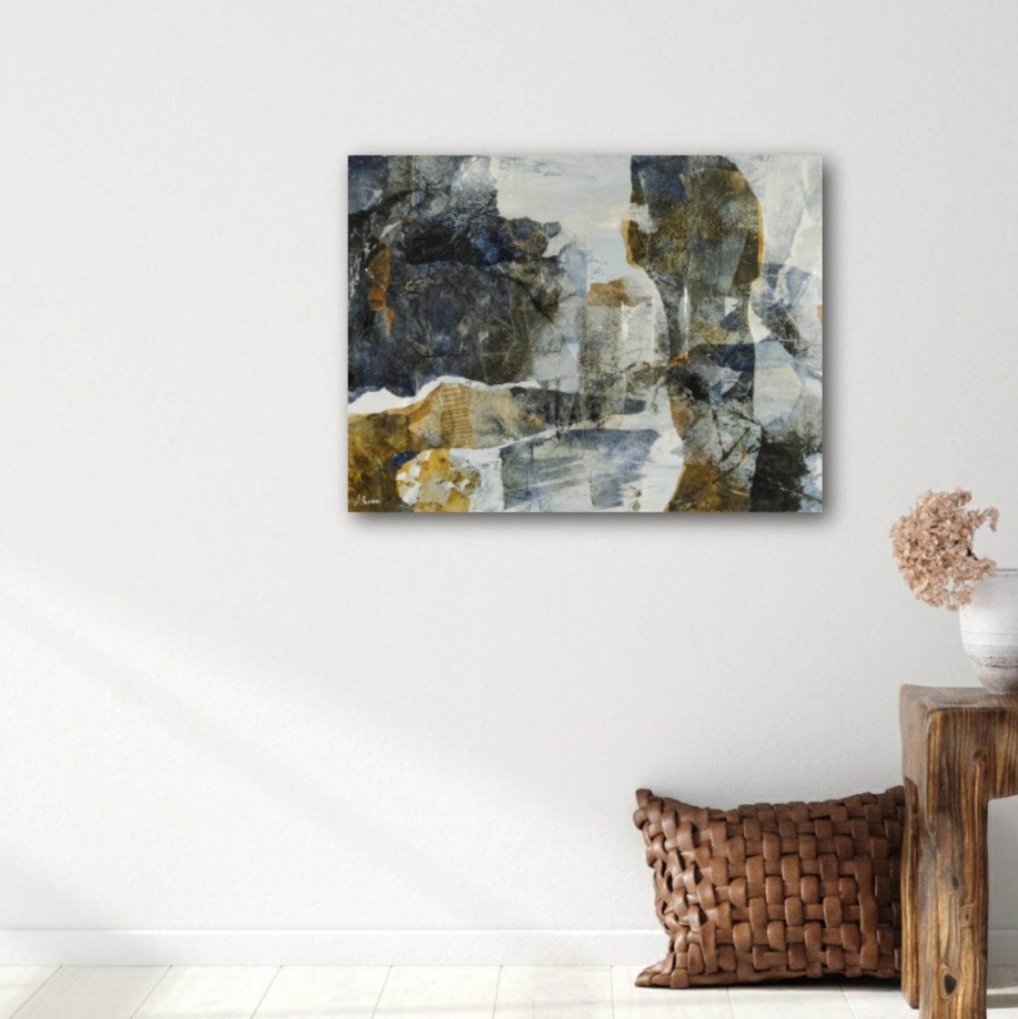 Earth-toned abstract composition with organic shapes and textured layers, reflecting the movement and sharp clarity of cool morning air.