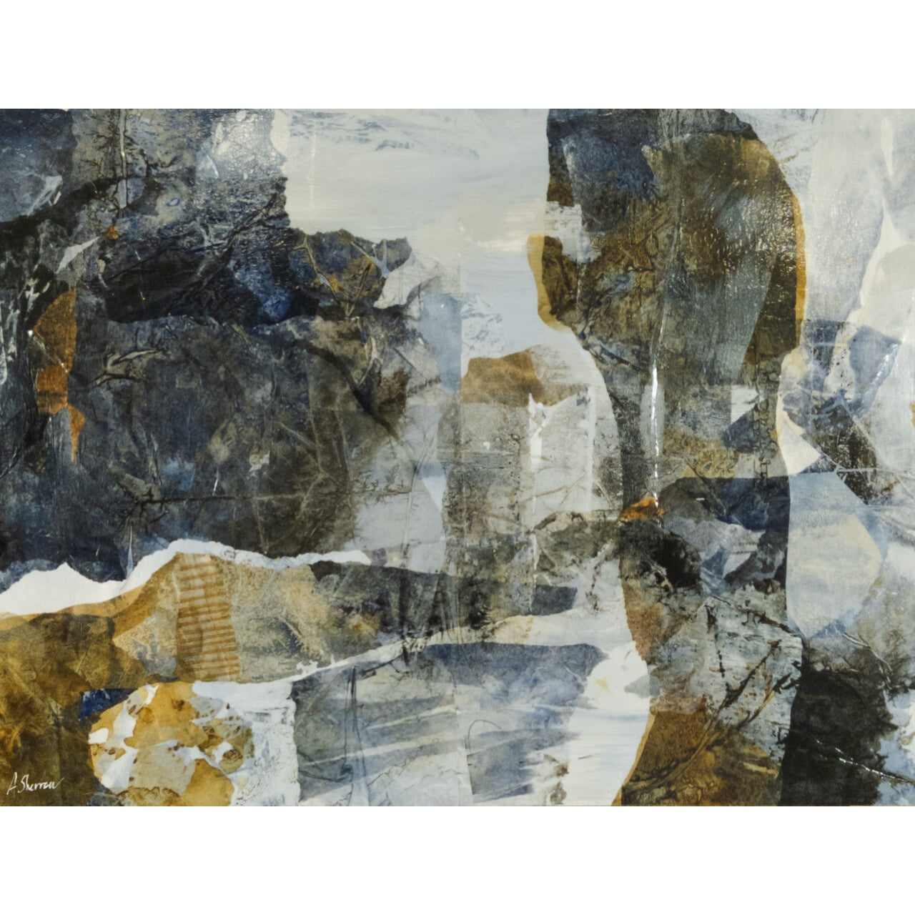 Abstract mixed media painting with deep blues, warm golds, and layered textures, evoking the crisp energy of a brisk morning.