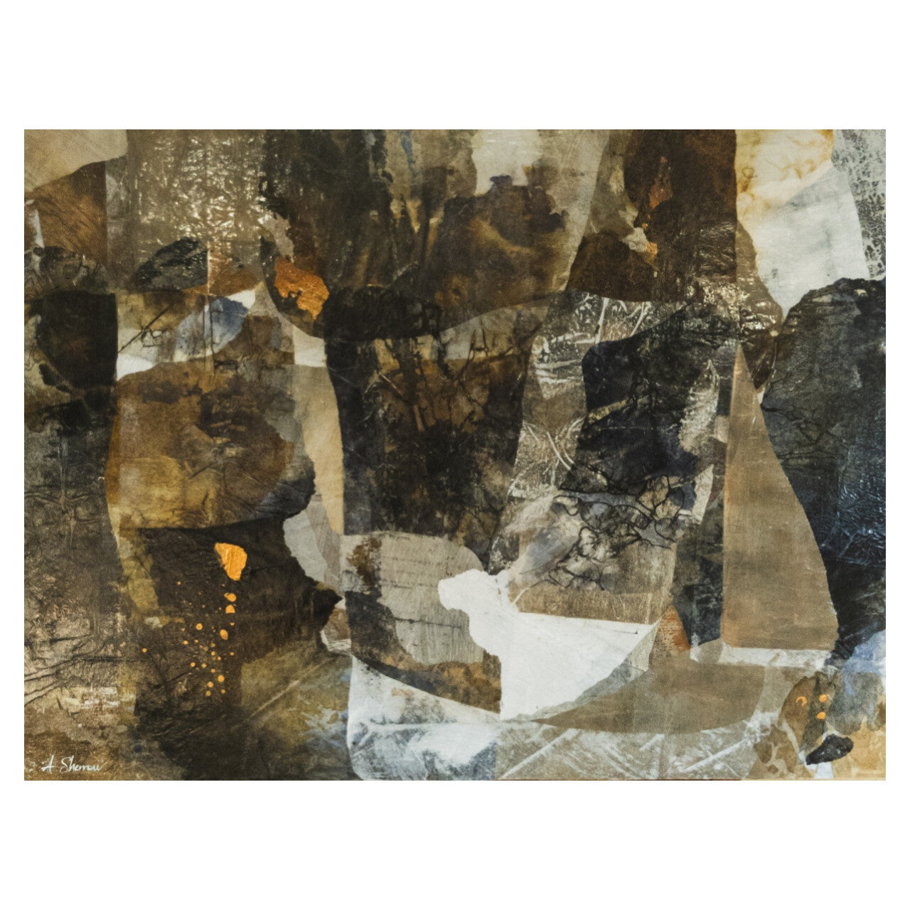 Abstract mixed media painting with earthy browns, warm golds, and soft grays, evoking the gentle transition to cooler weather.