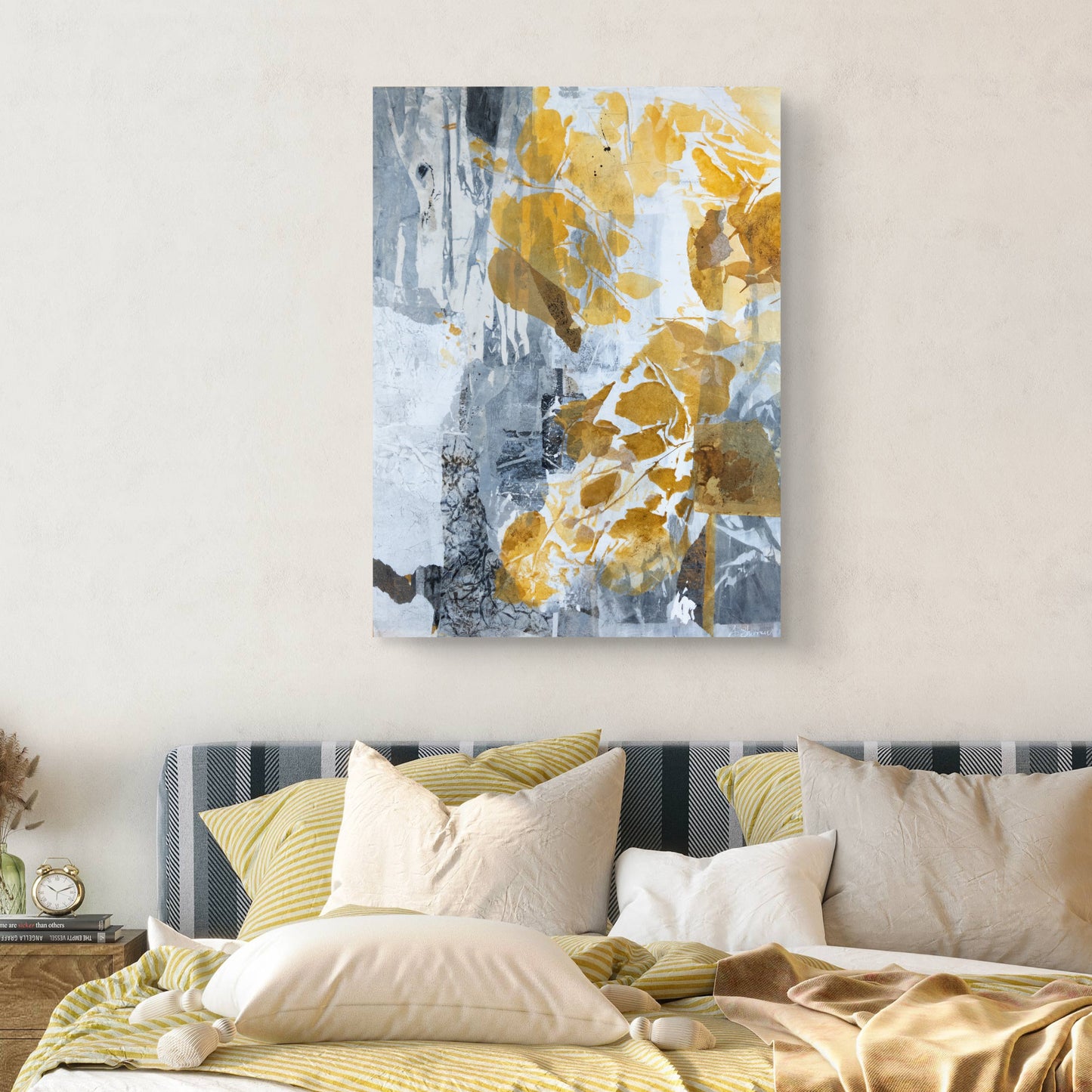Contemporary botanical art with textured gold and neutral tones