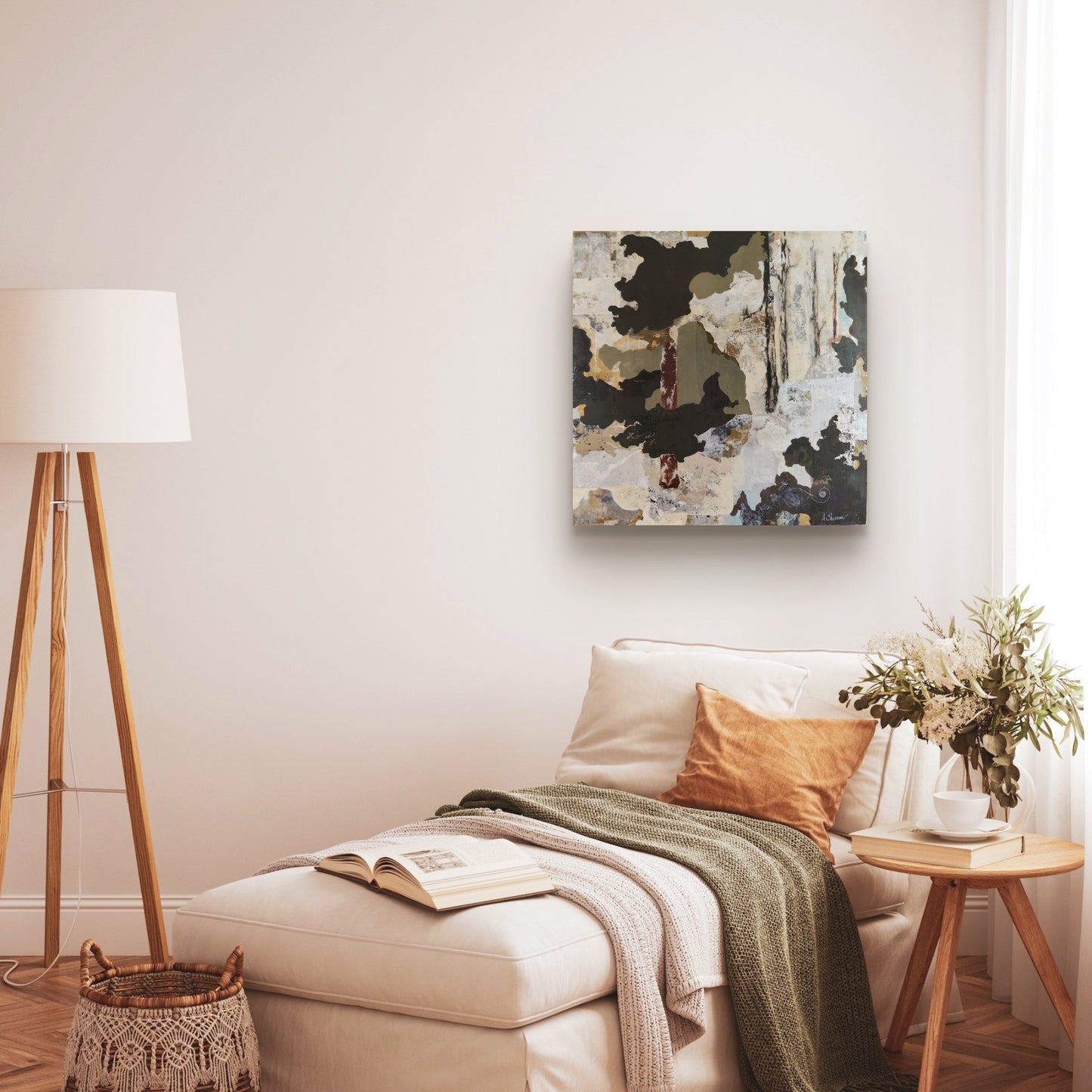 Contemplative artwork using muted tones and striking contrasts, symbolizing stillness and the quiet movement of life, inviting reflection on being present in the now.