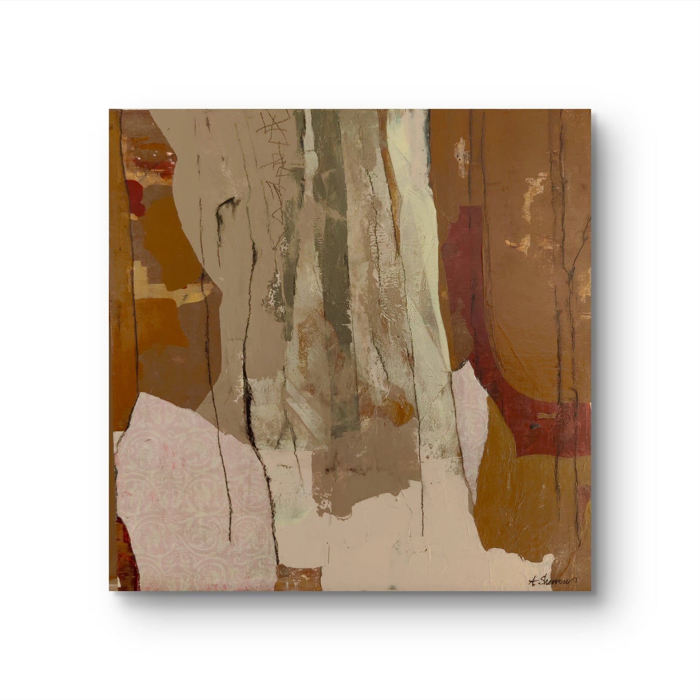 Abstract painting with earthy browns and layered textures.