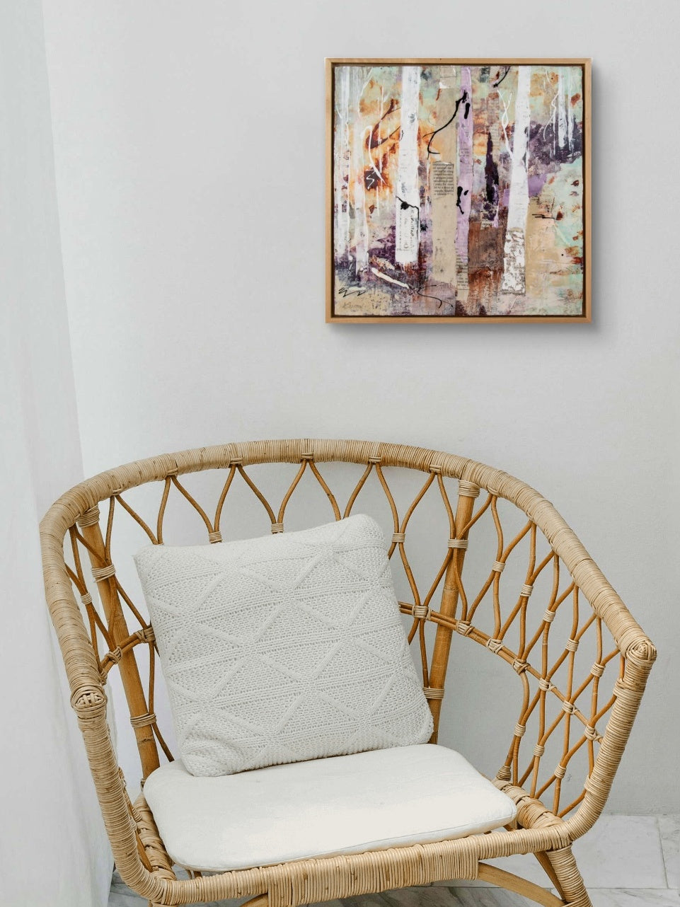Mixed media painting on wood with soft golden hues.