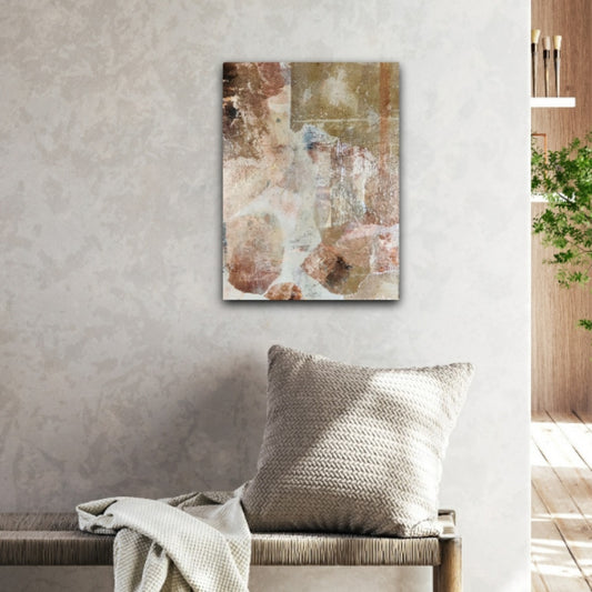 Abstract painting Breaking Light hanging in a living room, featuring warm earthy tones and glowing highlights, adding a serene, natural touch