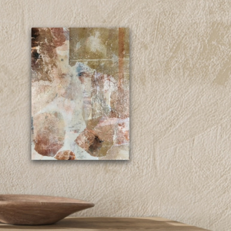 Abstract painting Breaking Light displayed in a neutral-toned space, its warm earthy hues and glowing highlights adding depth and serenity.