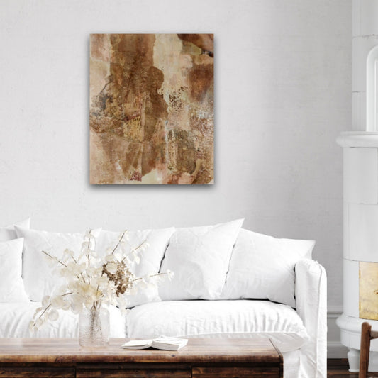 Abstract mixed-media painting with warm, earthy tones and organic textures, adding rustic charm and natural depth to a farmhouse-style home.