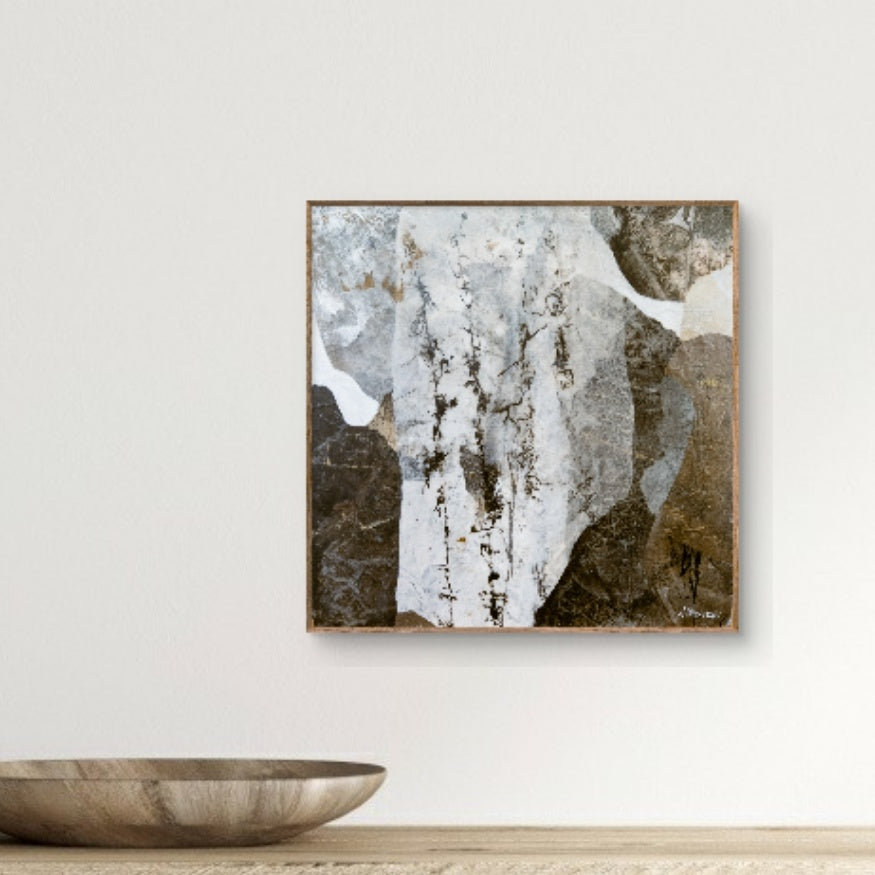 Abstract landscape painting by Alison Sherrow, with rich earth tones and delicate lines evoking winter snow.