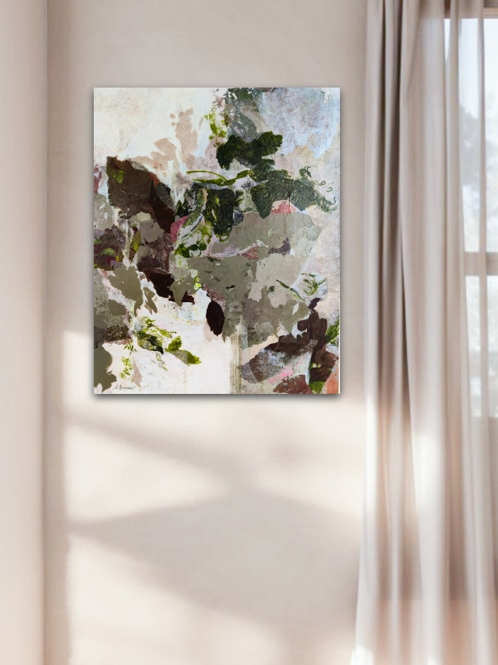 Abstract painting on a wall with natural light filtering through curtains