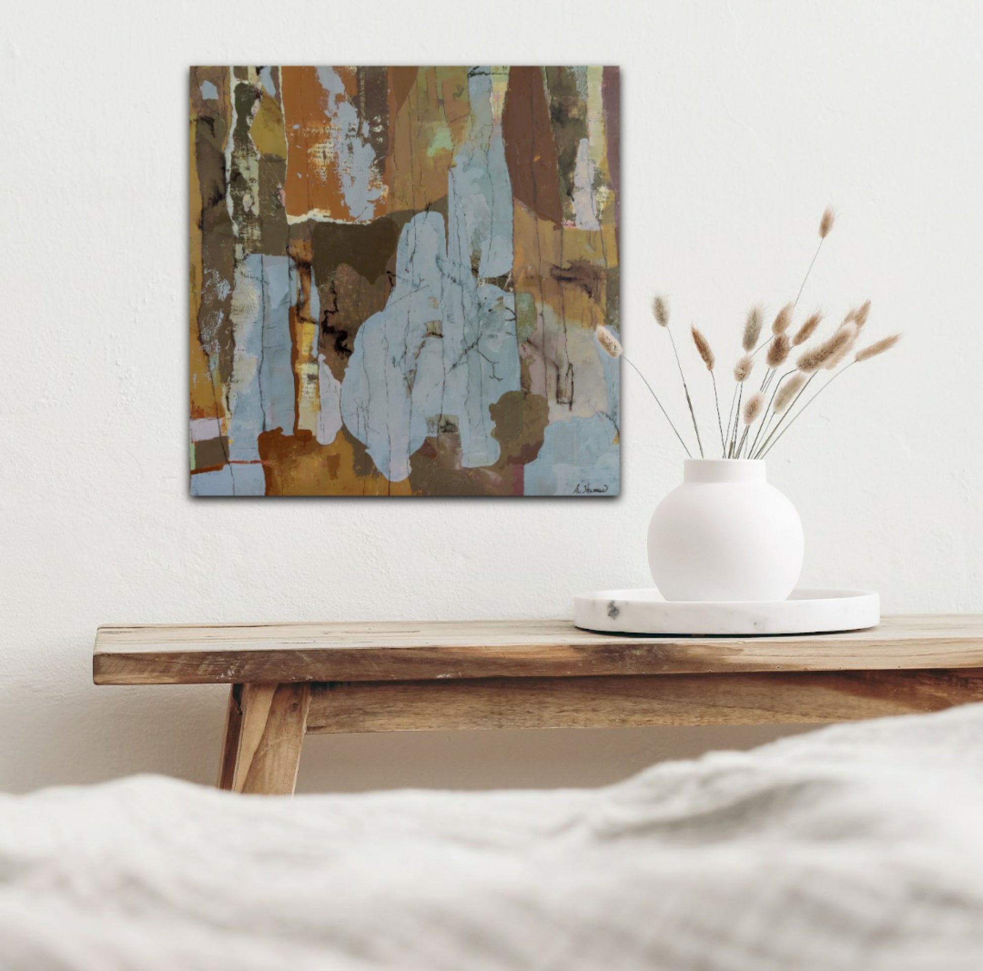 A serene artwork representing the in-between moment of seasons, with gentle blues merging into the last hints of autumn's warm golden glow.