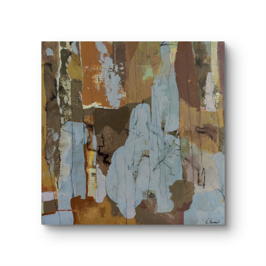 Abstract landscape painting capturing the transition from summer to fall, with cool blues blending into the golden warmth of autumn's fading light.