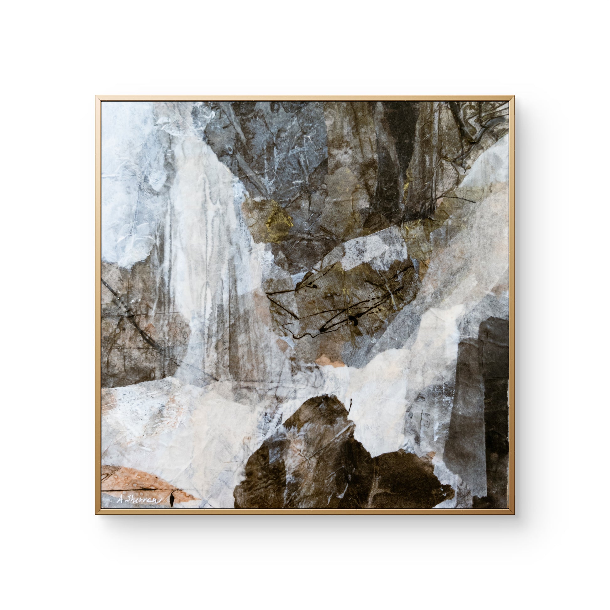 A framed abstract painting titled "A Chill in the Air" featuring earthy tones, rich textures, and organic movement, depicting the interplay of light and shadow in a forested landscape.
