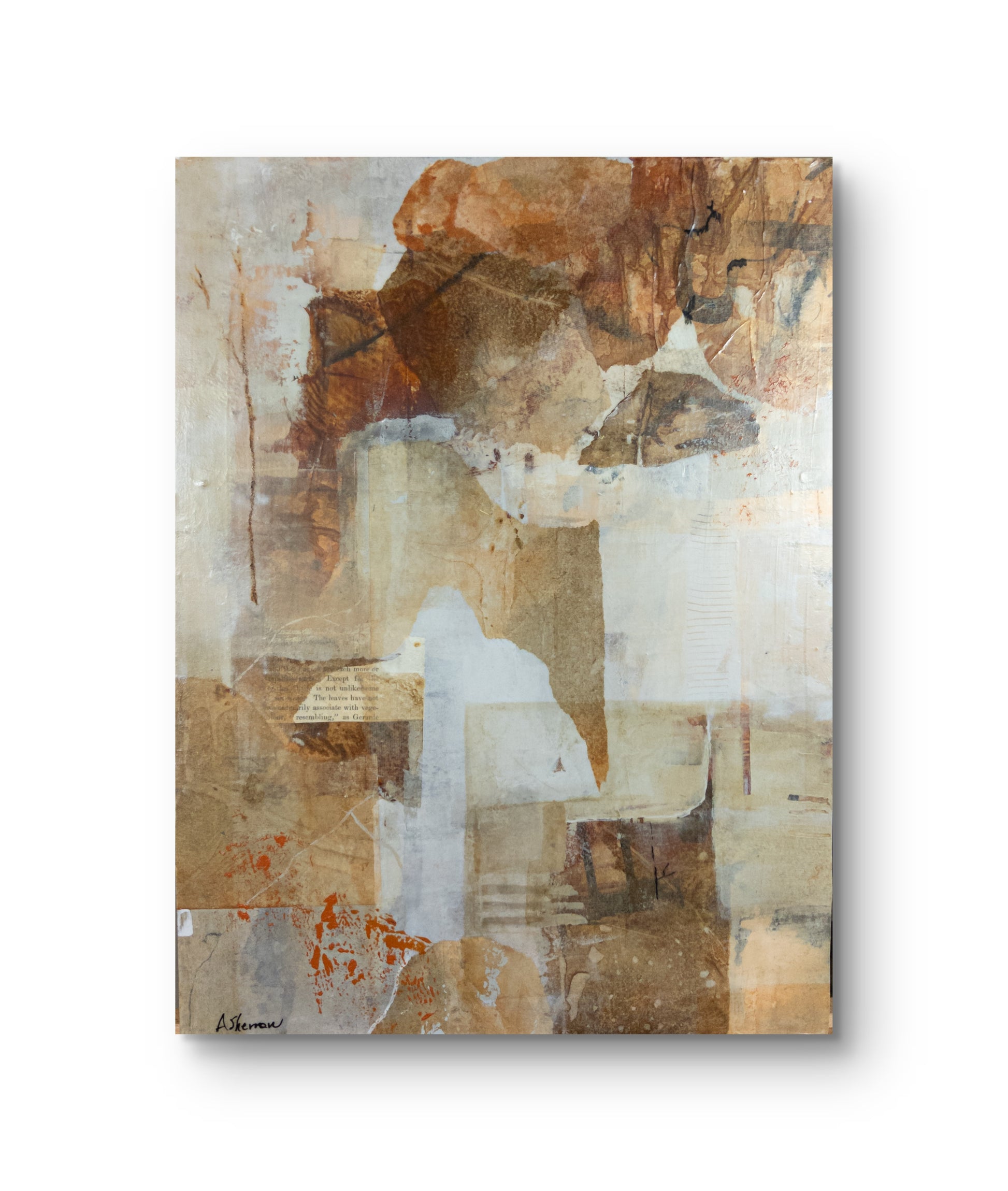 Deep Forest is an abstract mixed media painting featuring warm earth tones, organic textures, and blended elements. Shades of beige, brown, and white merge with aged paper details and subtle markings, evoking the quiet mystery of a dense woodland. Darker patches and delicate lines create a sense of depth, inviting the viewer to explore the serene, layered beauty of nature.