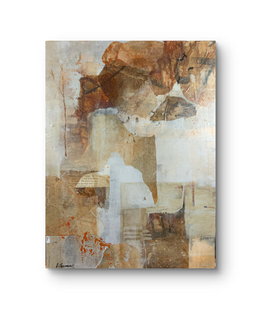 Deep Forest is an abstract mixed media painting featuring warm earth tones, organic textures, and blended elements. Shades of beige, brown, and white merge with aged paper details and subtle markings, evoking the quiet mystery of a dense woodland. Darker patches and delicate lines create a sense of depth, inviting the viewer to explore the serene, layered beauty of nature.