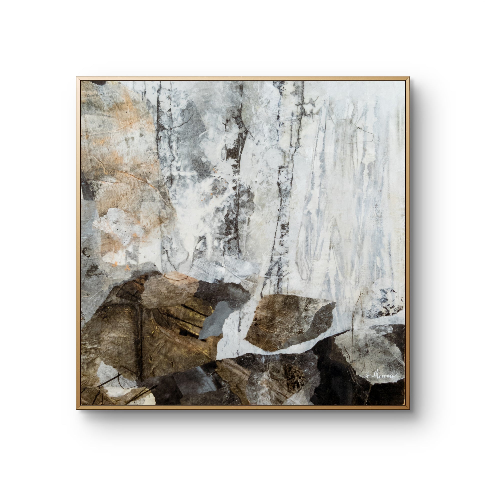Textured abstract painting with metallic earth tones, evoking a misty forest clearing as sunlight breaks through.