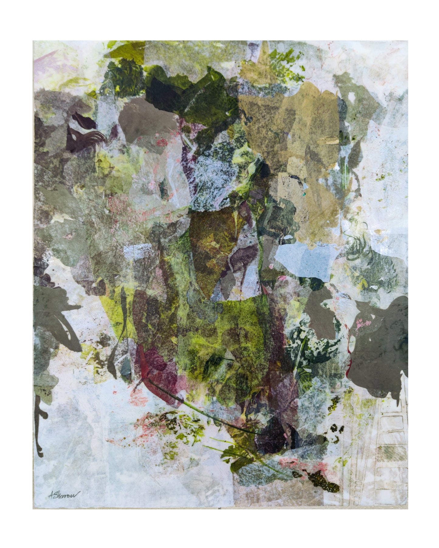 Abstract art piece with a mix of green, brown, and beige colors on a white background