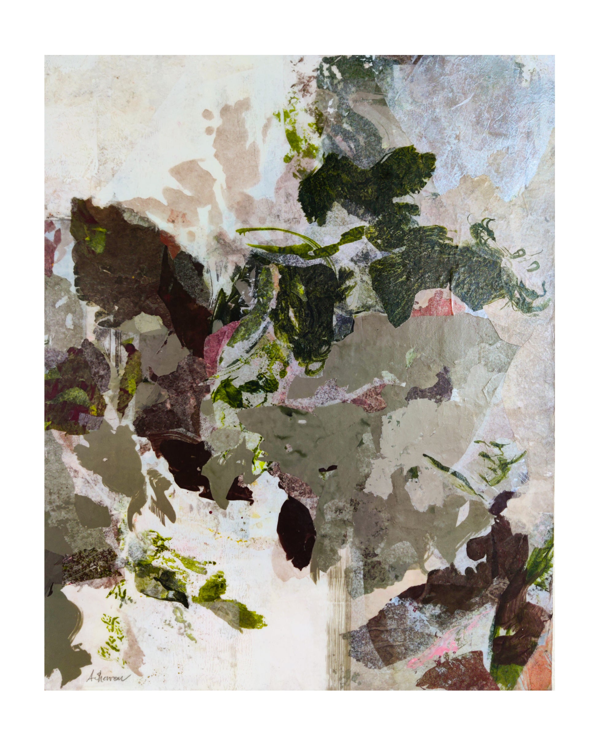 Abstract art piece with a collage of leaves and natural elements on a textured background