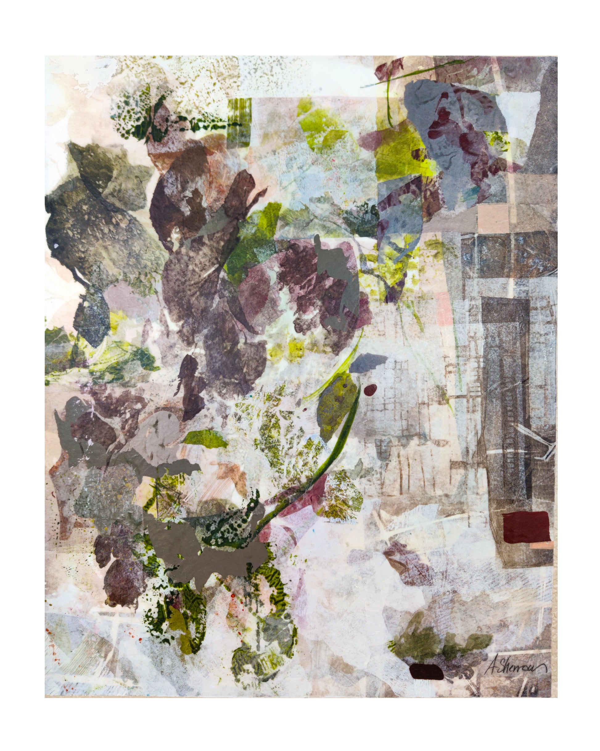 Abstract art piece with a collage of various textures and colors