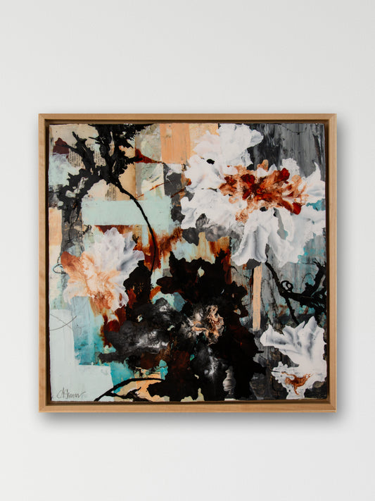 Vibrant abstract painting with floral and organic shapes.