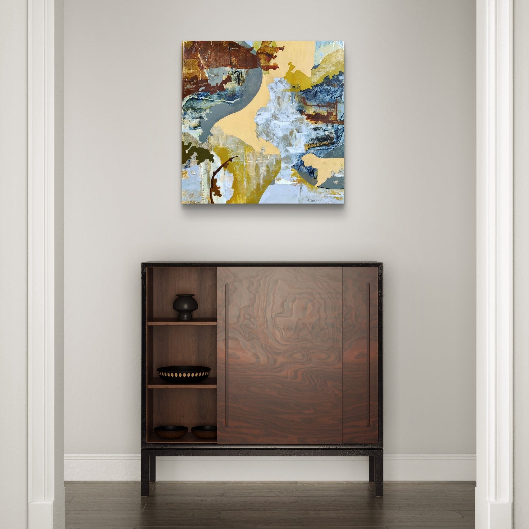 Fluid abstract painting, 'Cascade,' inspired by rushing water, blending deep blues and golds to represent nature's contrasting forces of motion and calm.