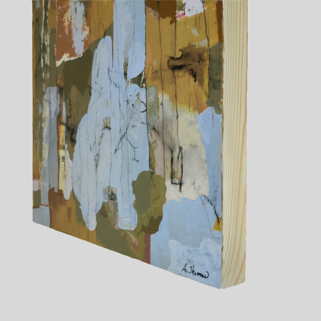 A piece celebrating the change of seasons, where cool blues meet the warmth of autumn, symbolizing the slow transformation from summer to fall.