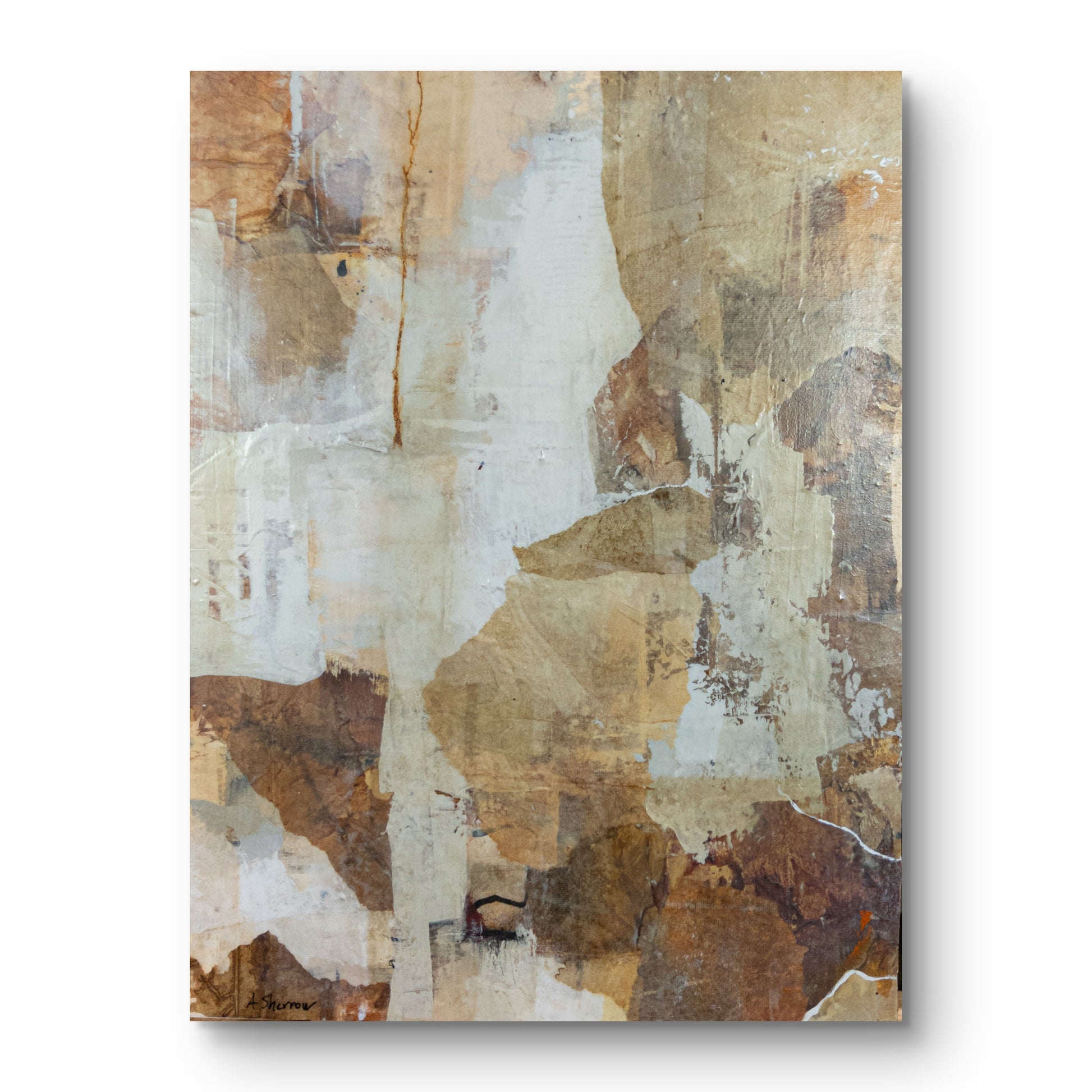 Abstract mixed media painting titled Woodland Falls, featuring textured layers of earthy browns, warm sienna, soft creams, and muted whites. The composition evokes the organic flow of a cascading woodland waterfall with an interplay of light and shadow.