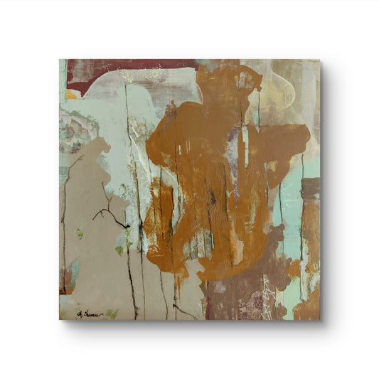 Abstract painting featuring golden hues and soft, organic forms, evoking the warmth and serenity of sunlight filtering through leaves.