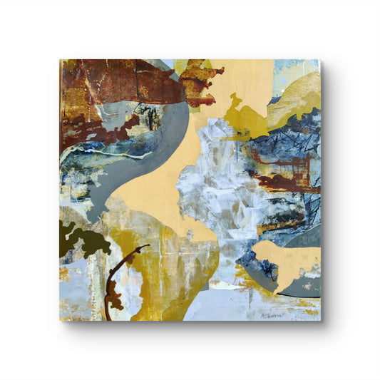 Abstract painting titled 'Cascade,' featuring deep blues and warm golds that symbolize the energy and fluidity of rushing water.