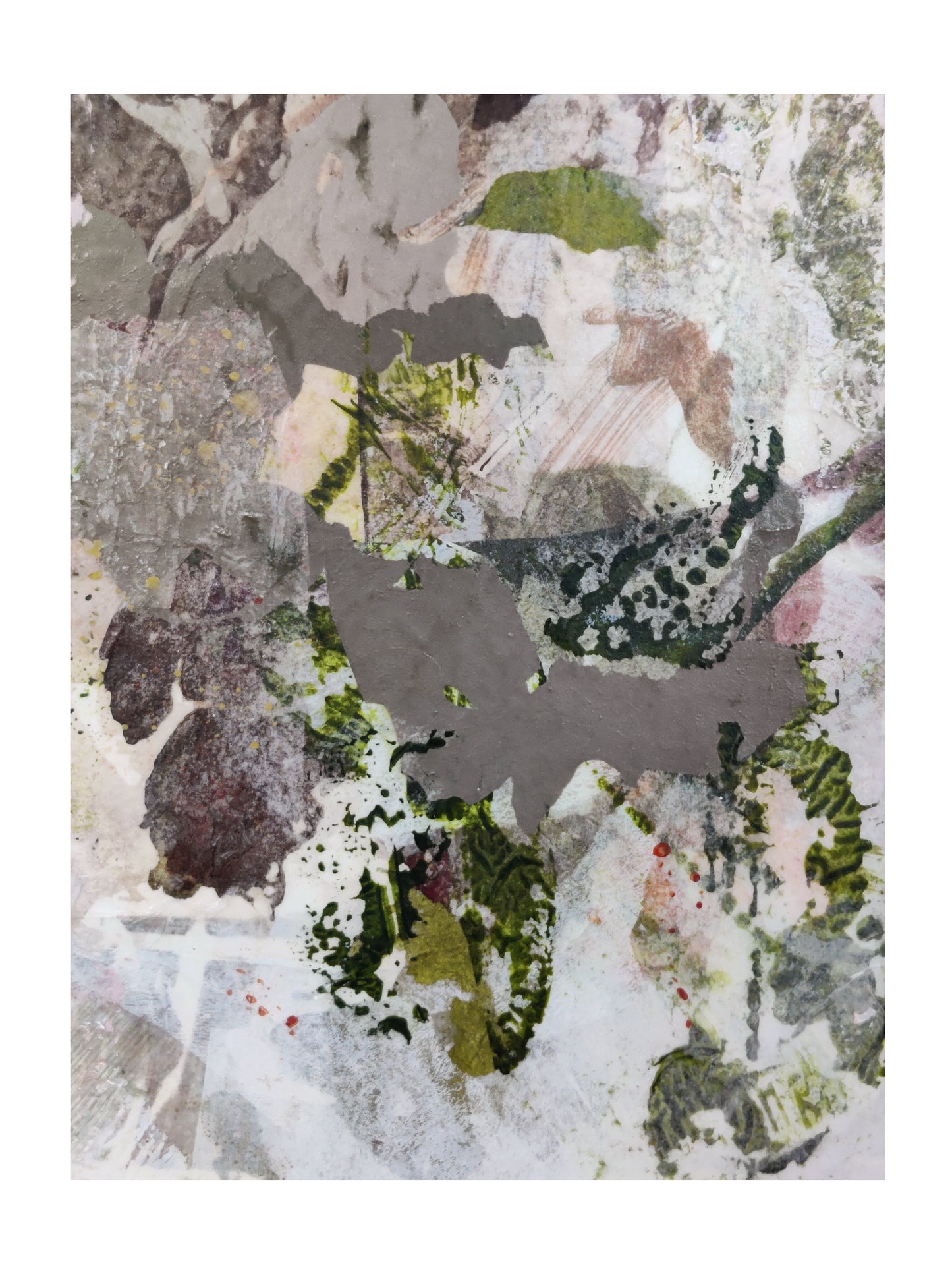 Abstract art piece with a mix of colors and textures on a white background