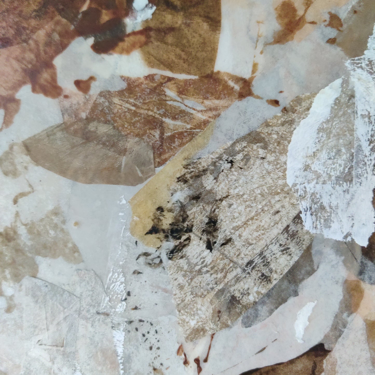 Close-up of a textured stone surface with brown, beige, and white colors.