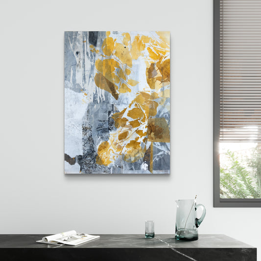 Golden leaves layered over abstract gray and white background in nature-inspired artwork