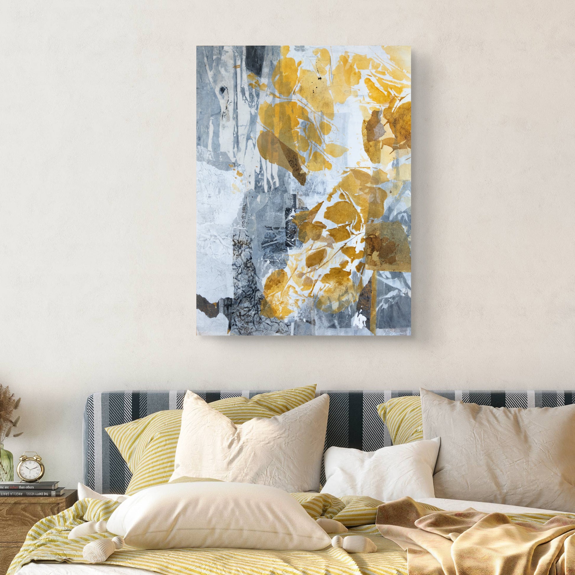 Contemporary botanical art with textured gold and neutral tones