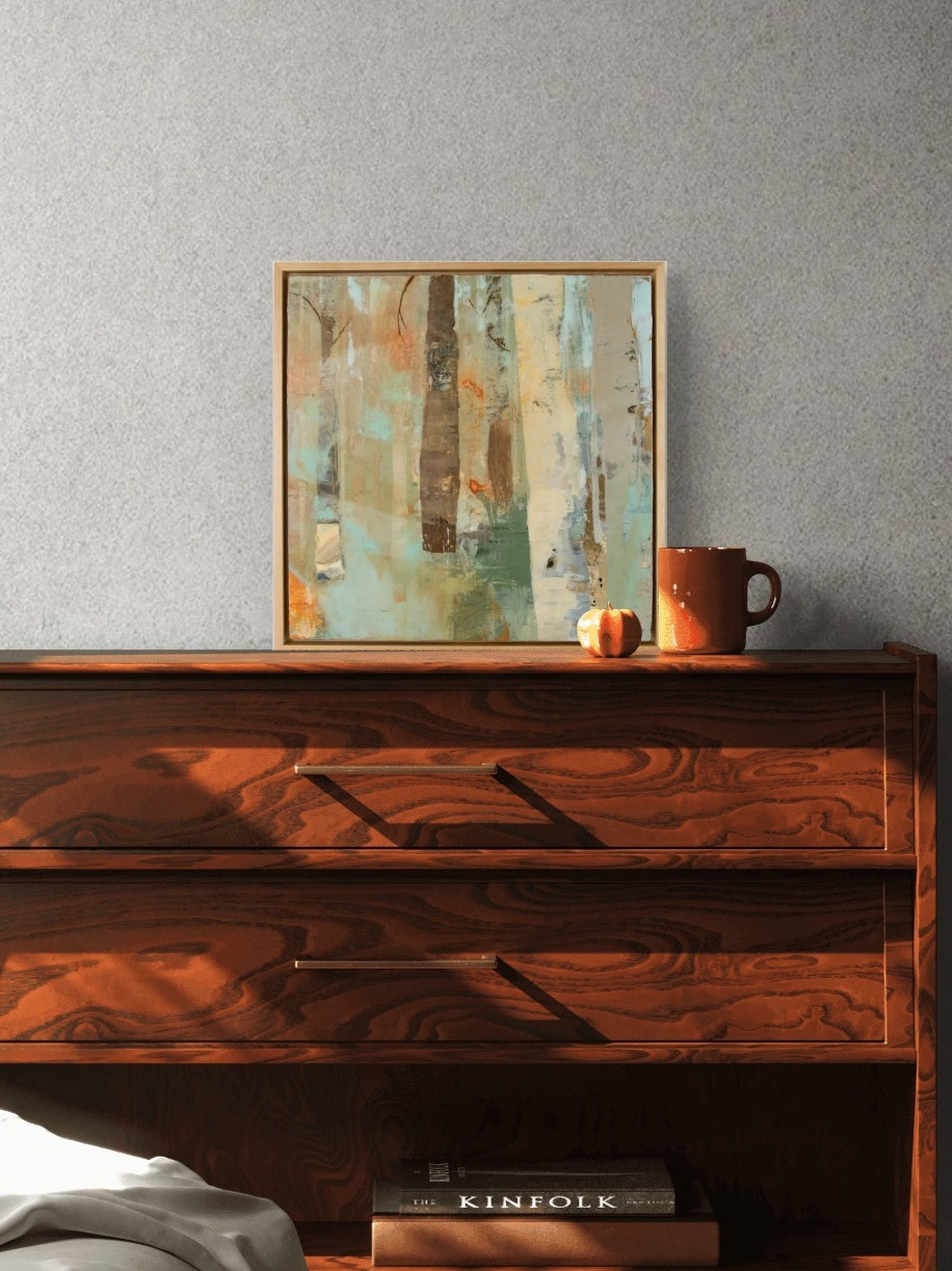 Serene painting with subtle textures and vertical movement.
